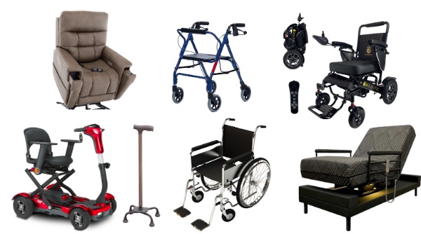 Examples of mobility aids, including a walker, cane, wheelchair, scooter, and lift armchair