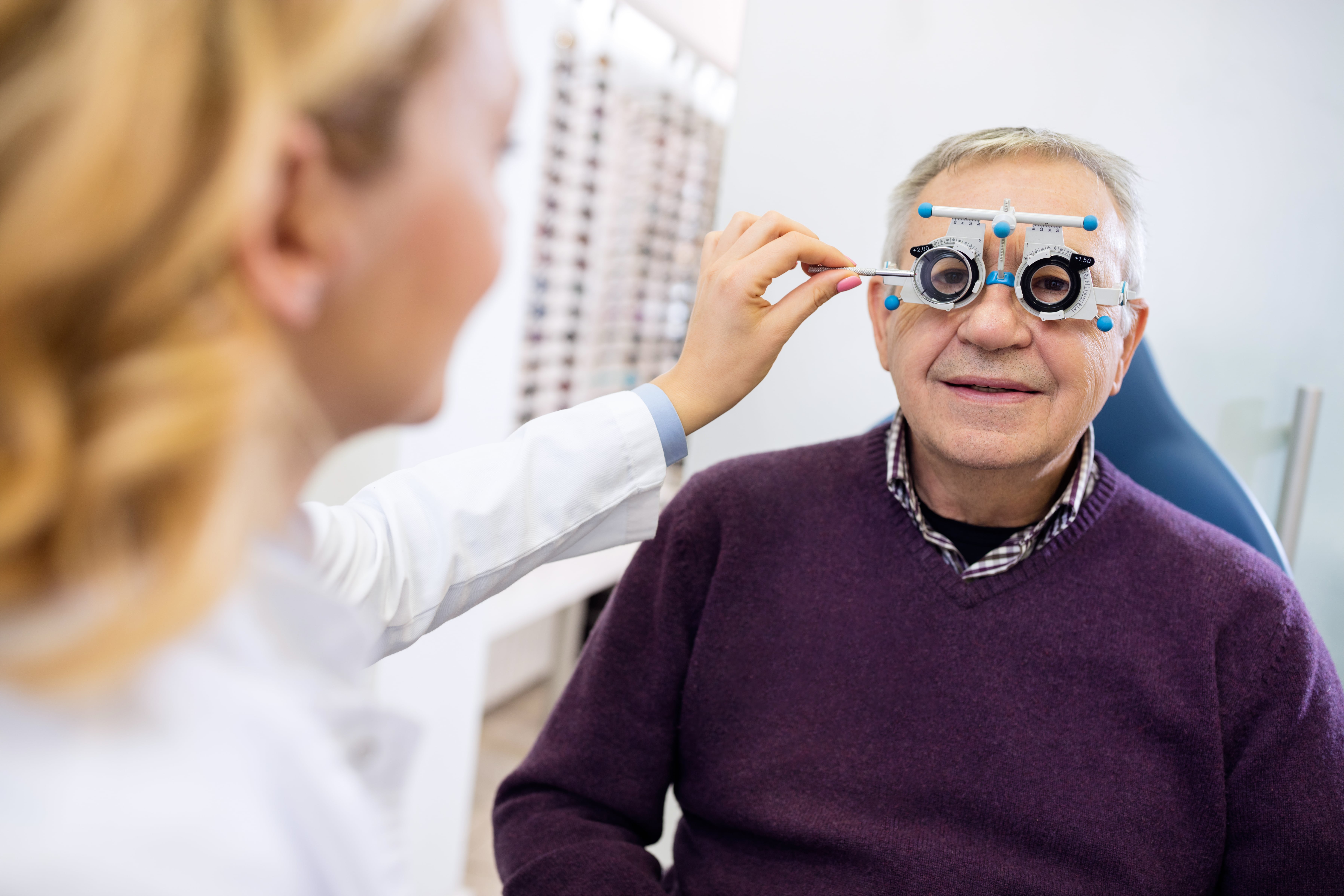 An old adult at an annual eye appointment—these are essential to receiving an accurate diagnosis