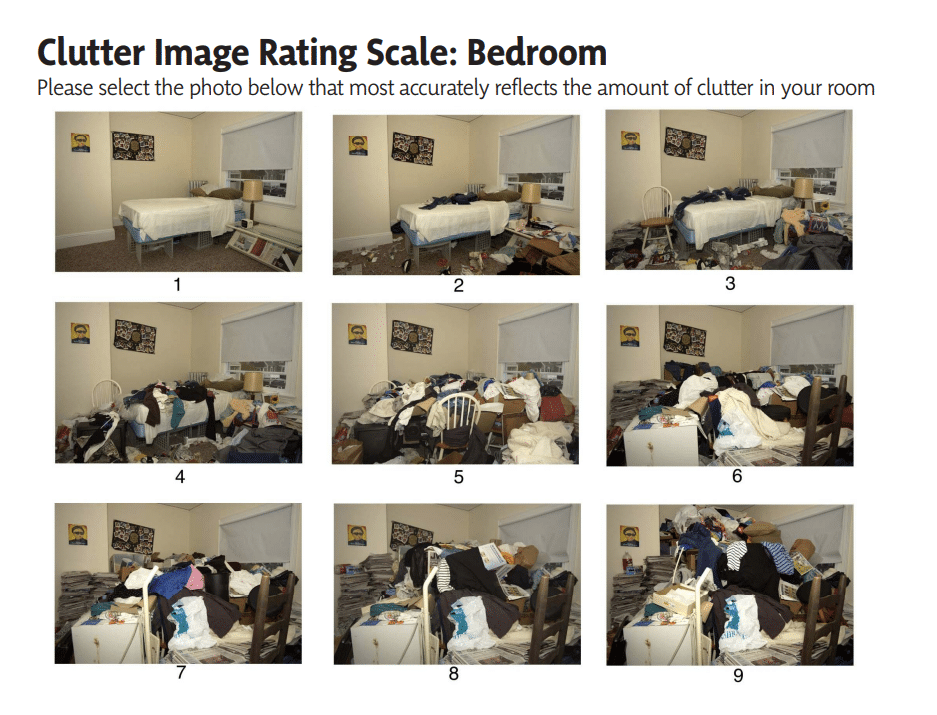 An image showing 9 different pictures of a bedroom, each with progressively more clutter