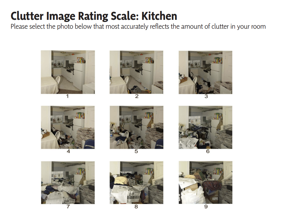An image showing 9 different pictures of a kitchen, each with progressively more clutter